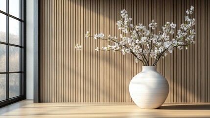Interior white vase holds flowering branches, wood panel wall, sunlight