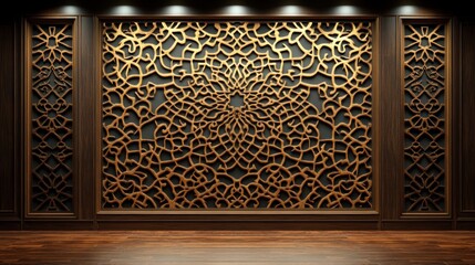 Intricate gold geometric design panel adorns a dark, luxurious wooden wall