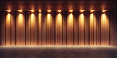 Lit wood-paneled wall with downwards-facing spotlights and tiled floor