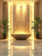 Lit, serene bathroom with a stone bathtub, marble walls, potted plants