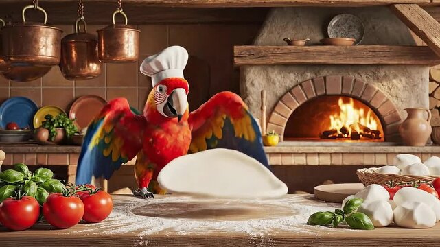 Macaw Chef Tossing Pizza Dough Funny Bird Cooking Pizza Rustic Kitchen