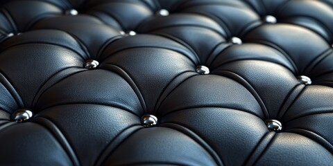 Fototapeta premium Luxurious black leather tufted upholstery with silver buttons in a repeating pattern