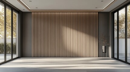 Minimalist room with wood wall, large windows, light floor