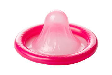 Pink Unrolled Condom with Reservoir Tip Isolated White Background Latex Prophylactic