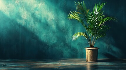 Potted palm against a teal wall with light shafts & wood floor