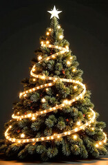 A Christmas tree decorated with glowing lights and a star on top, against a black background, creates a festive atmosphere for holiday night celebrations and gatherings. Vertical photo