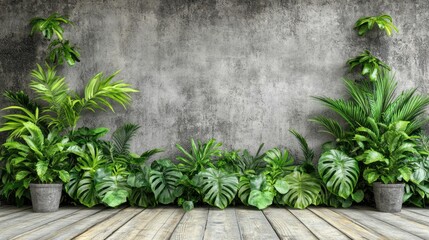 Plants line a gray wall. Wooden planks form the floor. Interior setting