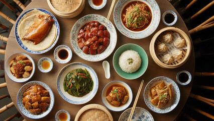 A top-down photograph of a round wooden table laden with an array of traditional Chinese dishes in colorful ceramic bowls and plates. The spread includes golden Peking duck with thin pancakes, vibrant
