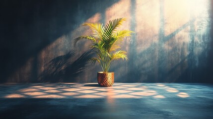 Potted plant bathed in sunlight against a mottled concrete wall