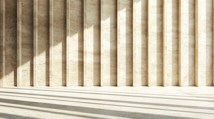 Ribbed stone wall bathed in light, casting striped shadows across a cement floor