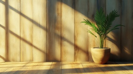 Sunlit wood paneled wall with potted palm plant in corner
