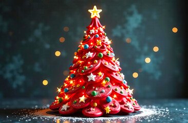 Festive red Christmas tree made of cookies, adorned with colorful decorations, set against a dark background with soft lights, creating a joyful New Year's atmosphere. Greeting card with copy space