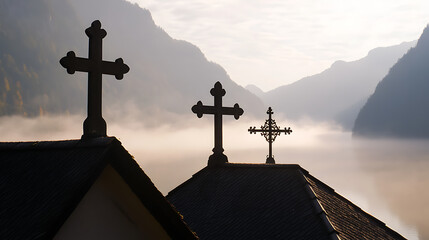 Tranquil scenery with crosses atop roofs against a misty mountain backdrop evokes serenity and timeless faith in the quiet moments of day.