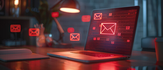 Laptop displaying red digital warning icons representing phishing, spam email, cybersecurity risk, data protection and online security concept.