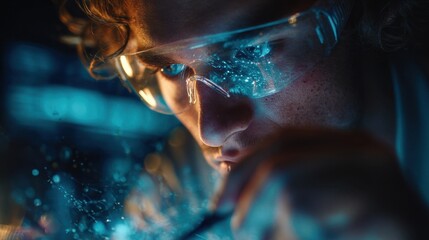 Young Scientist Wearing Safety Glasses Working with Bright Blue Light in Laboratory