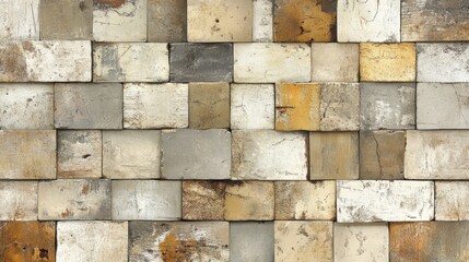 Textured wall of variably colored, weathered, stone-like square blocks, tightly packed