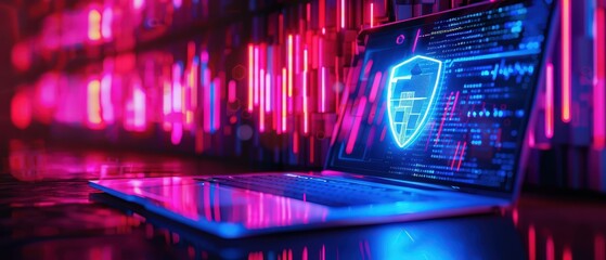 Laptop with holographic cybersecurity shield on glowing digital interface. Concept of data protection, online security, encryption, and cyber defense technology.