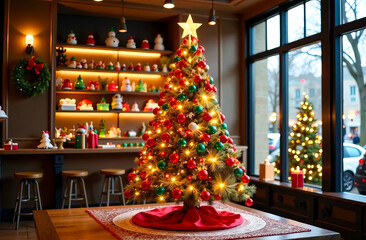 Christmas tree adorned with colorful ornaments and golden lights, standing in a cozy classic cafe interior decorated for the holiday season, creating a warm festive atmosphere with seasonal cheer