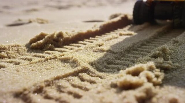 Close-up of tire tracks imprinted in golden beach sand under bright sunlight, creating a textured pattern