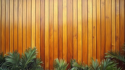 Wood slat wall with vibrant green palm fronds at the bottom edge
