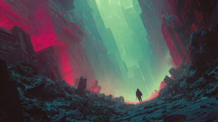 Futuristic Cityscape with Neon Lights and Ruined Buildings in Sci-fi Atmosphere