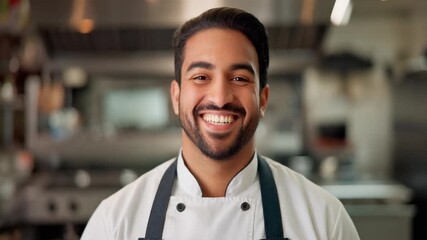 A smiling chef in the professional kitchen with a confident gaze