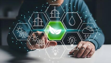 Close-up of a person interacting with an eco-friendly infographic on a table with a dark background and cinematic lighting.