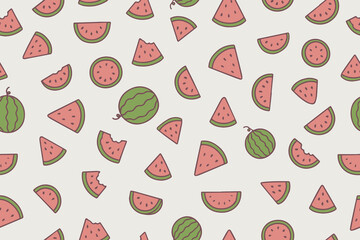 Vector illustration featuring  pattern of watermelon slices in various shapes and sizes, perfect for summer-themed designs. Includes whole and bitten pieces on a light background.