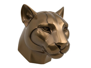 Isolated Bronze-Colored Sculpture of Mountain Lion Head, Detailed Polygonal Design, Art Form © Dennis