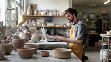 Holiday shopping season. Retail business promotion concept. A man in a yellow apron working on a laptop in a pottery workshop.