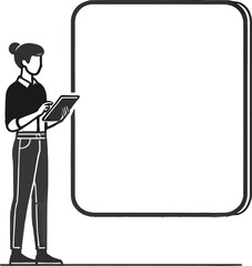 Woman with tablet next to blank speech bubble person