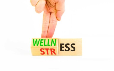 Wellness or stress symbol. Concept words Wellness or Stress on beautiful wooden cubes. Beautiful white background. Psychologist's hand. Business, psychological wellness or stress concept. Copy space.