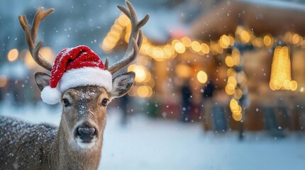 Cute reindeer wearing red Santa hat in softly falling snow, standing in front of blurred Christmas market lights, festive winter holiday background with bokeh and warm golden glow.