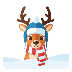 Fototapeta premium Cute Reindeer Wearing Blue Winter Hat and Red White Scarf in Snowy Landscape