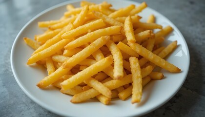 Close-up of golden crispy French fries arranged on a clean white plate.