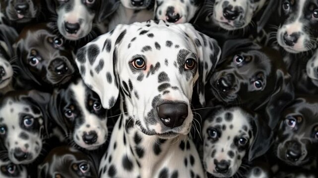 A Dalmatian stands out amidst a multitude of its own clone faces.