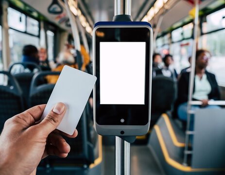 Hand holding a blank white transit card in front of a modern validator on a bus, concept for public transportation, payment systems, and urban travel.