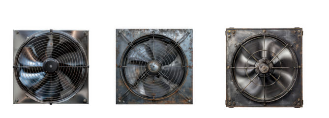 Three industrial metal fans or cooling units with different blade designs, isolated on transparent background