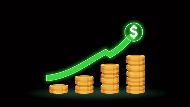 Green glowing graph with ascending coins stack and dollar symbol signifying financial growth and investment success