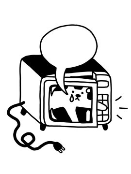 Distressed pet trapped in microwave with a blank speech bubble.