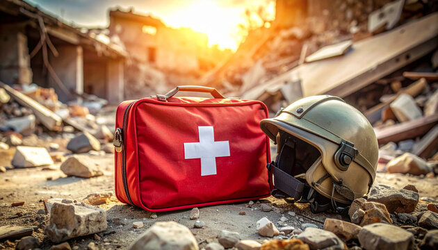 Humanitarian aid kit and rescue helmet amid rubble, sunlight highlighting urgent relief efforts and hope in disaster aftermath