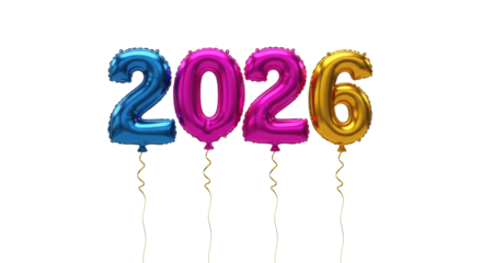 four metallic foil balloons forming '2026' (blue, pink, gold) suspended by golden strings in a high-key studio environment with vast white copy space. concept for new year's luxury celebration