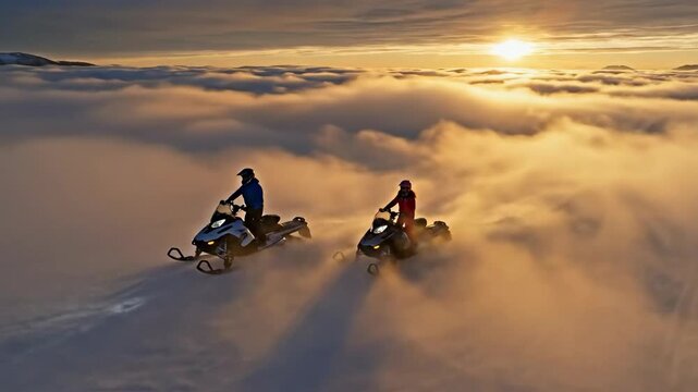 Two people ride snowmobiles across a snowy expanse, viewed from above, surrounded by a dramatic layer of golden-hued clouds and mist at sunset.
