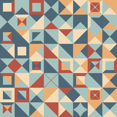 Obraz premium Abstract geometric mosaic pattern background, featuring an intricate arrangement of colorful squares and triangles, creating a modern digital art illustration with a vibrant retro aesthetic
