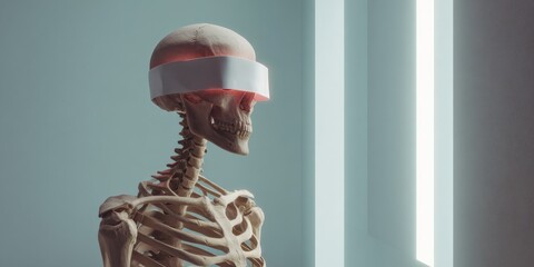 Futuristic skeleton with virtual reality headset in minimalist space
