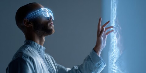 Young caucasian male engages with virtual reality interface