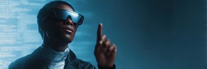African adult male using vr glasses in futuristic setting