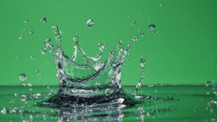 A detailed shot captures water droplets forming a crown against a bright green backdrop