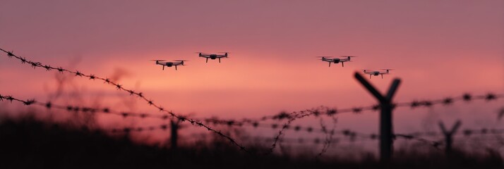 Drones flying over barbed wire fence against dramatic sunset sky