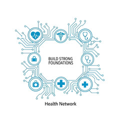 Digital Health Network With Medical Icons Building Strong Foundations For Connected Care